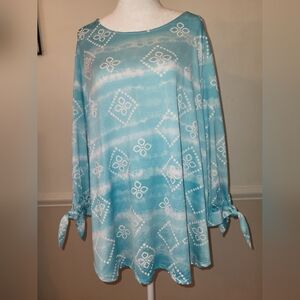 Ruby Rd. Blue Tunic with Flutter Sleeves and Tie Front